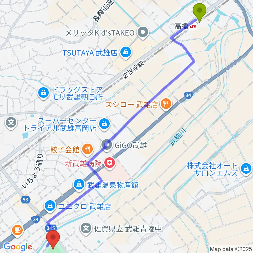 高橋駅からケーブルワン・スポーツパークへのルートマップ地図