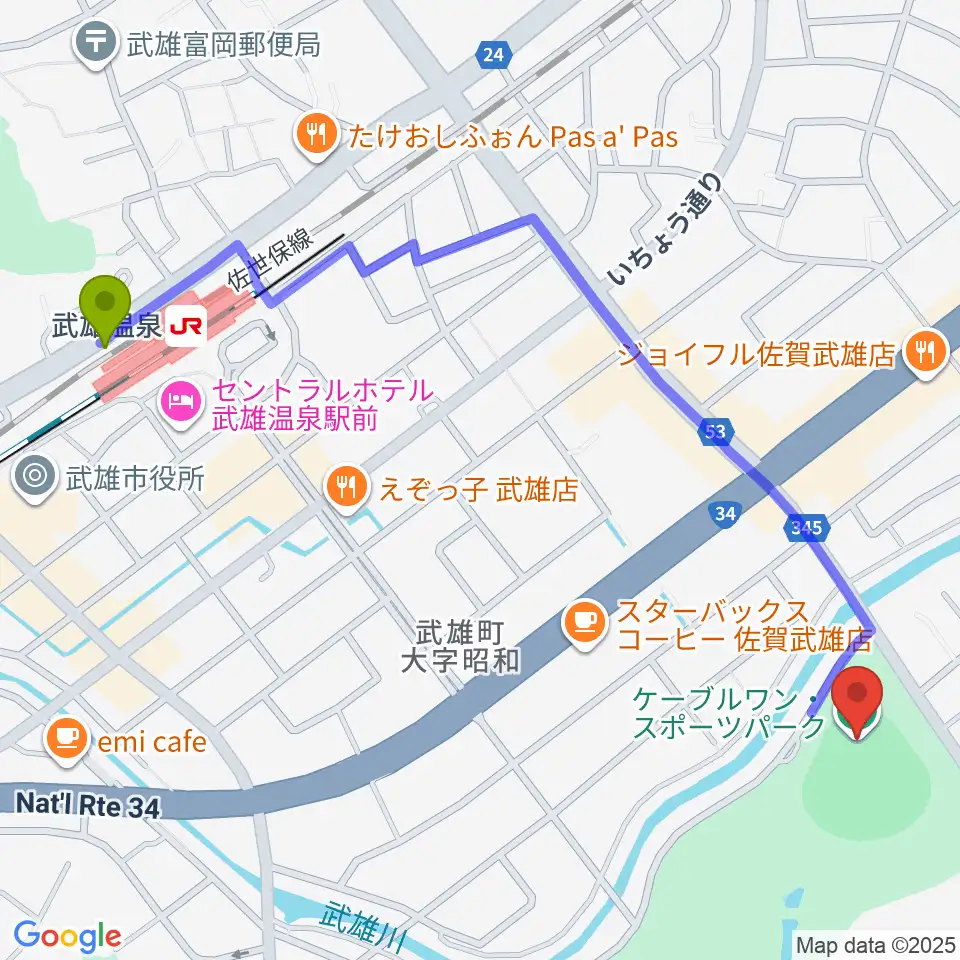 ケーブルワン・スポーツパークの最寄駅武雄温泉駅からの徒歩ルート（約14分）地図