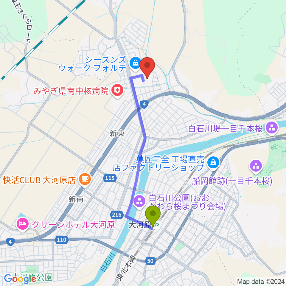 ヒルズはねっこアリーナの最寄駅大河原駅からの徒歩ルート（約31分）地図