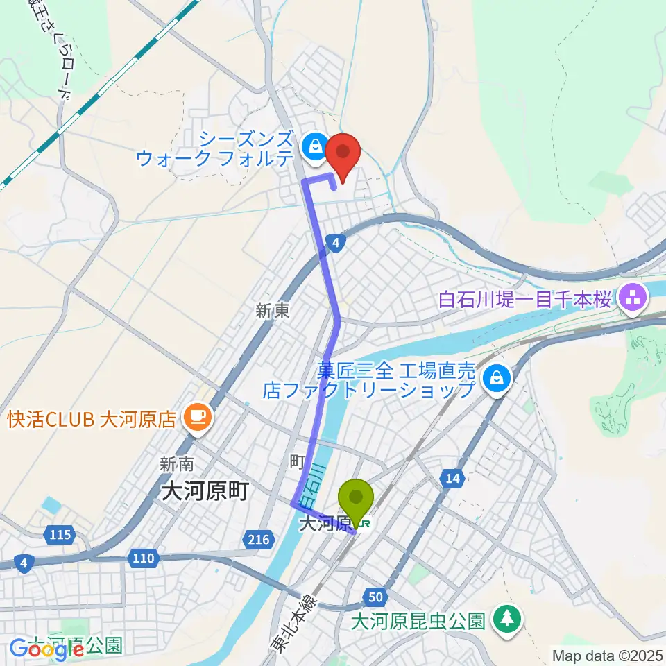 ヒルズはねっこアリーナの最寄駅大河原駅からの徒歩ルート（約31分）地図