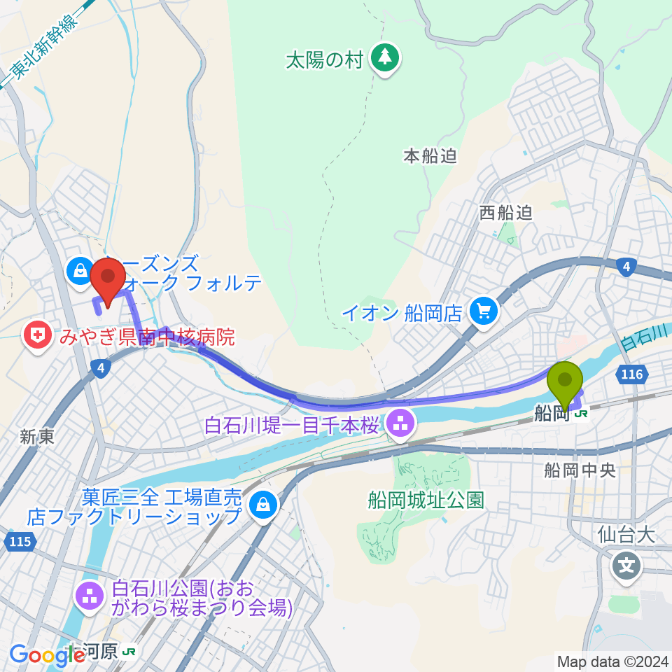 船岡駅からヒルズはねっこアリーナへのルートマップ地図