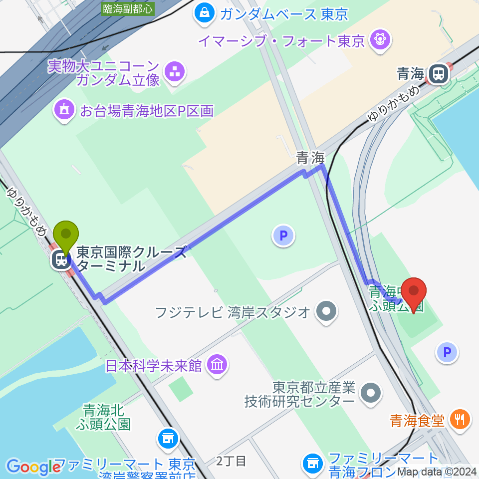 東京国際クルーズターミナル駅から青海中央ふ頭公園 少年野球場へのルートマップ地図