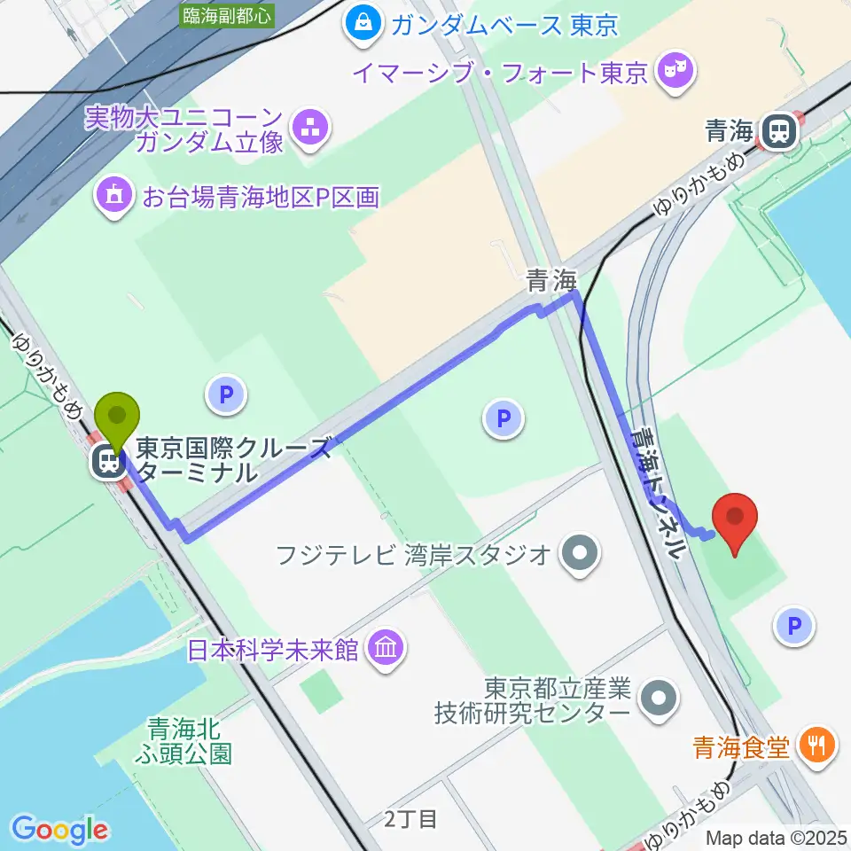 東京国際クルーズターミナル駅から青海中央ふ頭公園 少年野球場へのルートマップ地図