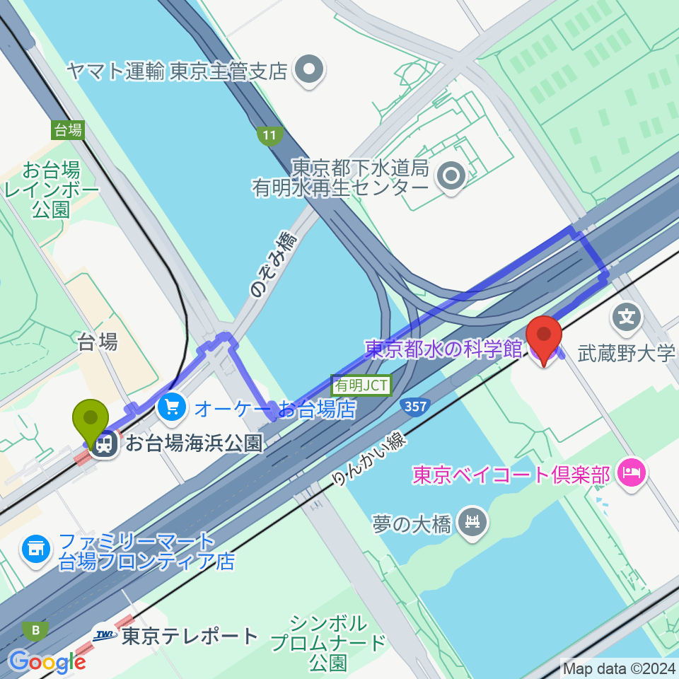 お台場海浜公園駅から東京都水の科学館へのルートマップ地図