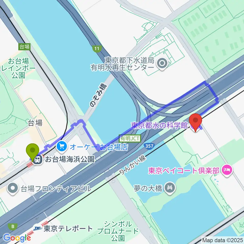お台場海浜公園駅から東京都水の科学館へのルートマップ地図