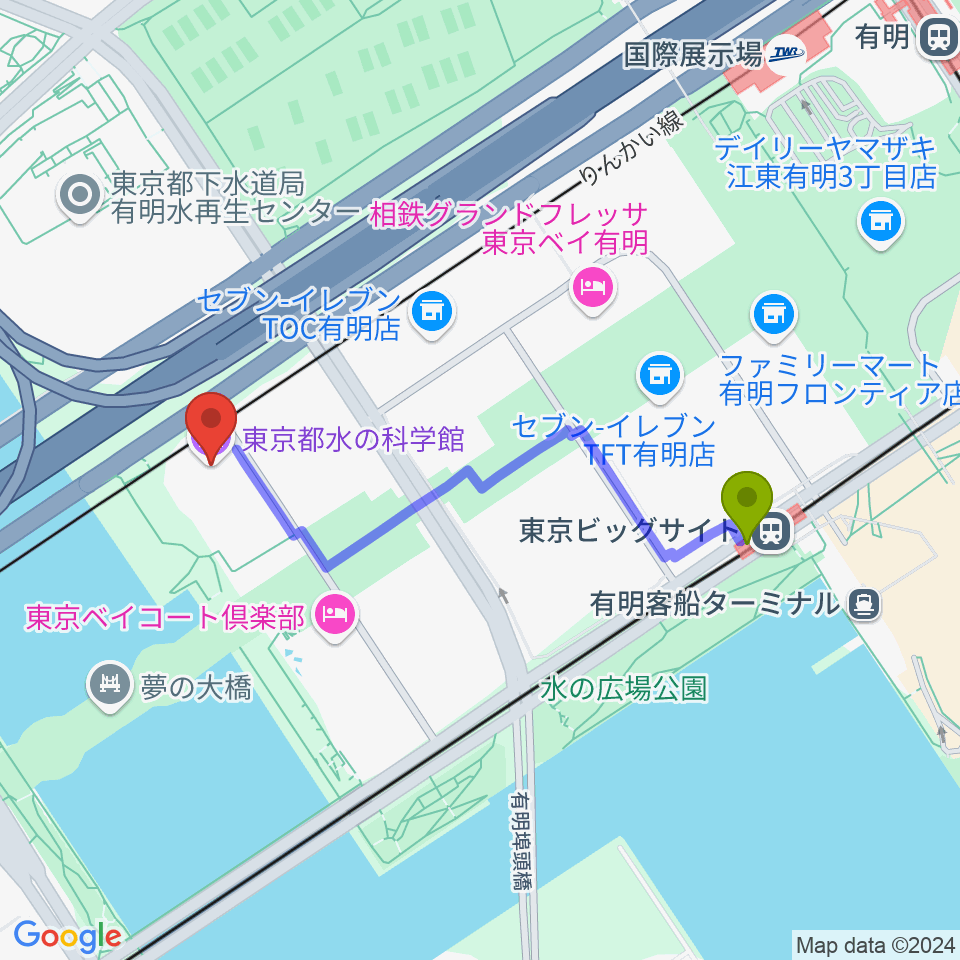 東京都水の科学館の最寄駅東京ビッグサイト駅からの徒歩ルート（約9分）地図