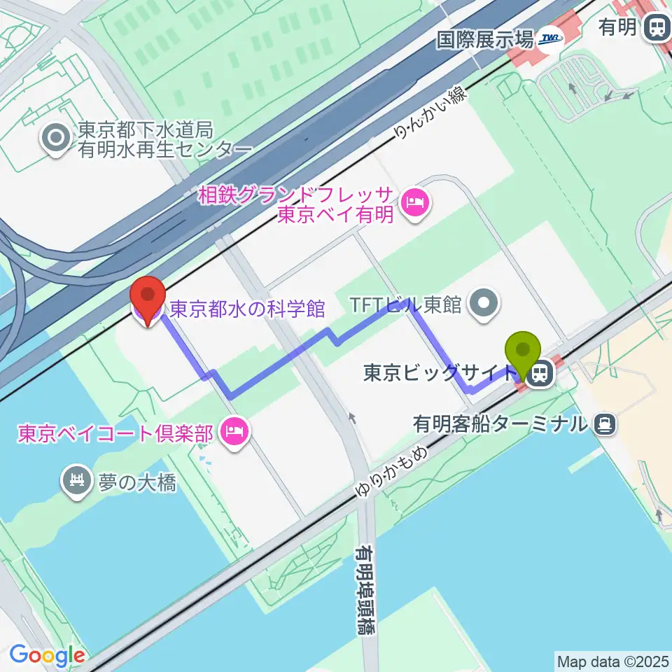 東京都水の科学館の最寄駅東京ビッグサイト駅からの徒歩ルート（約9分）地図