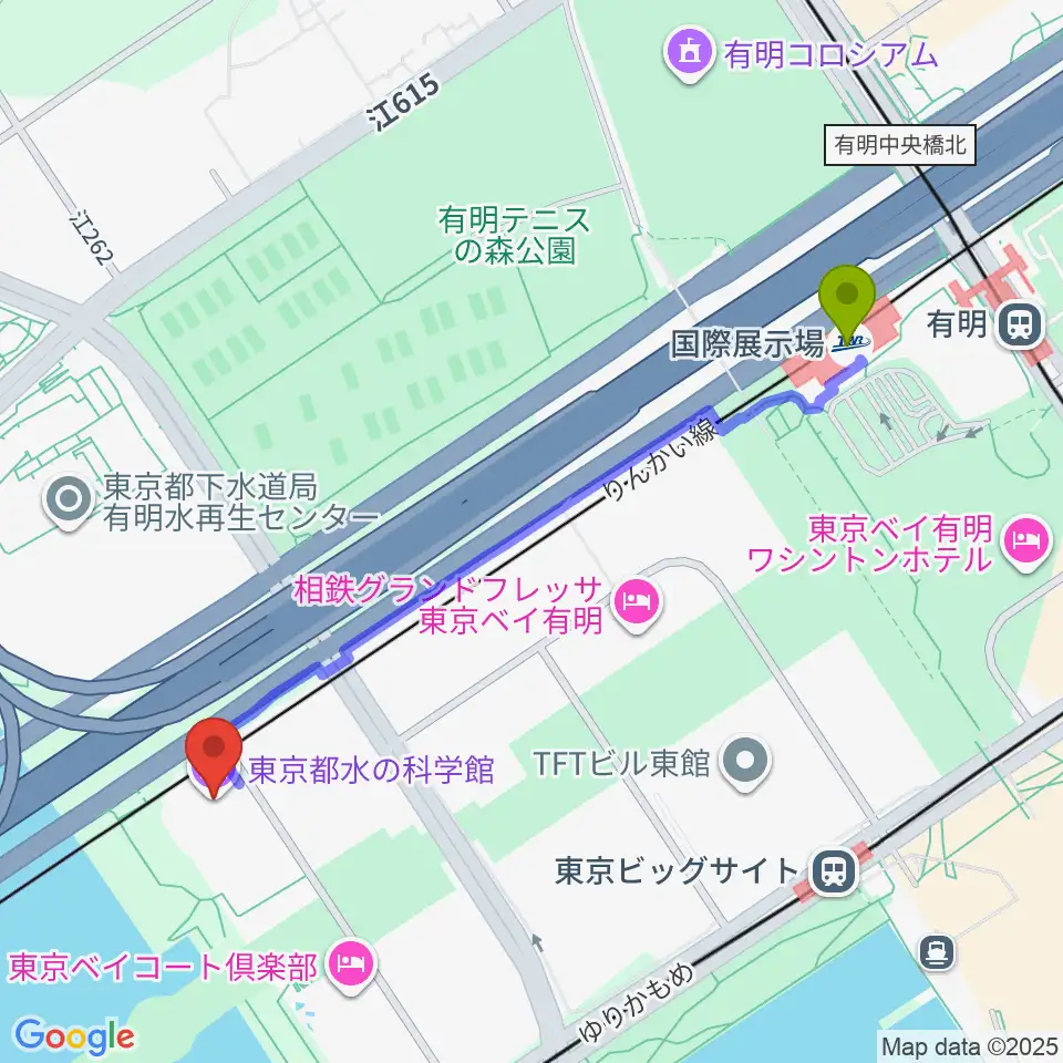 国際展示場駅から東京都水の科学館へのルートマップ地図