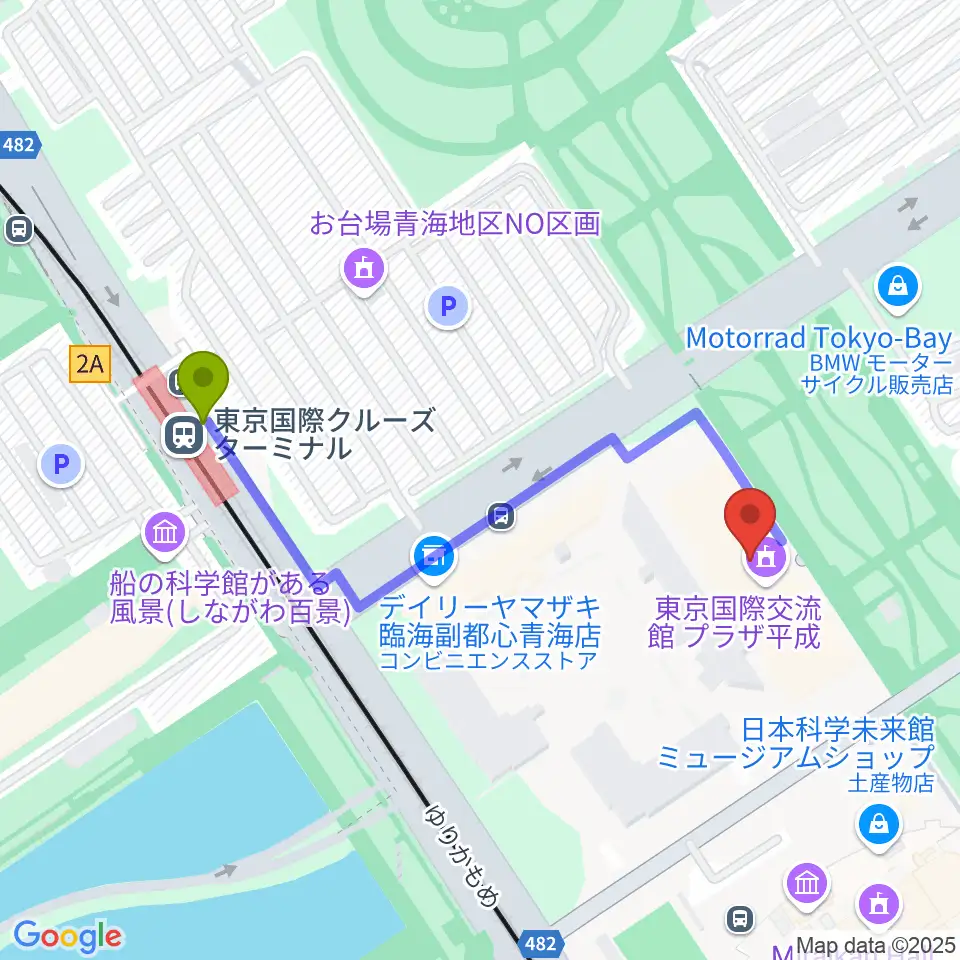 東京国際交流館プラザ平成の最寄駅東京国際クルーズターミナル駅からの徒歩ルート（約5分）地図