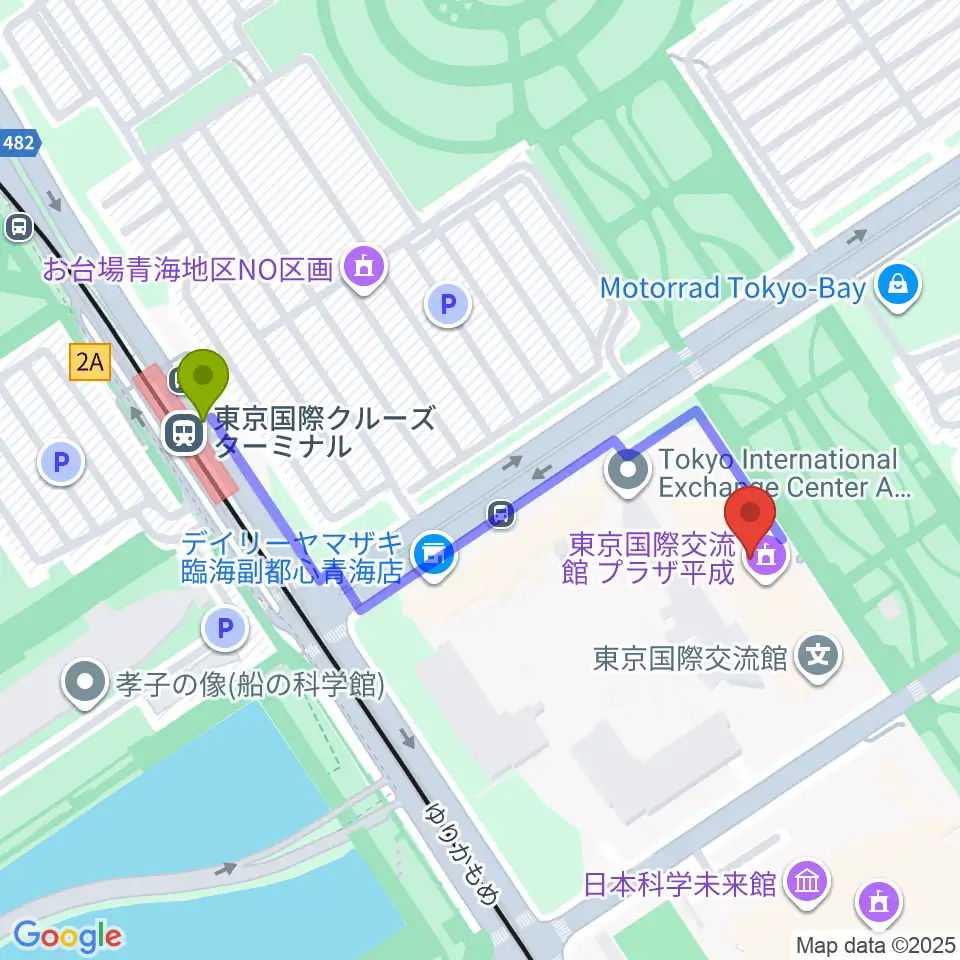 東京国際交流館プラザ平成の最寄駅東京国際クルーズターミナル駅からの徒歩ルート（約5分）地図