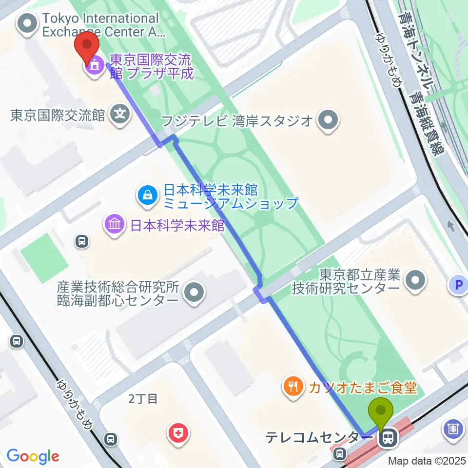 テレコムセンター駅から東京国際交流館プラザ平成へのルートマップ地図