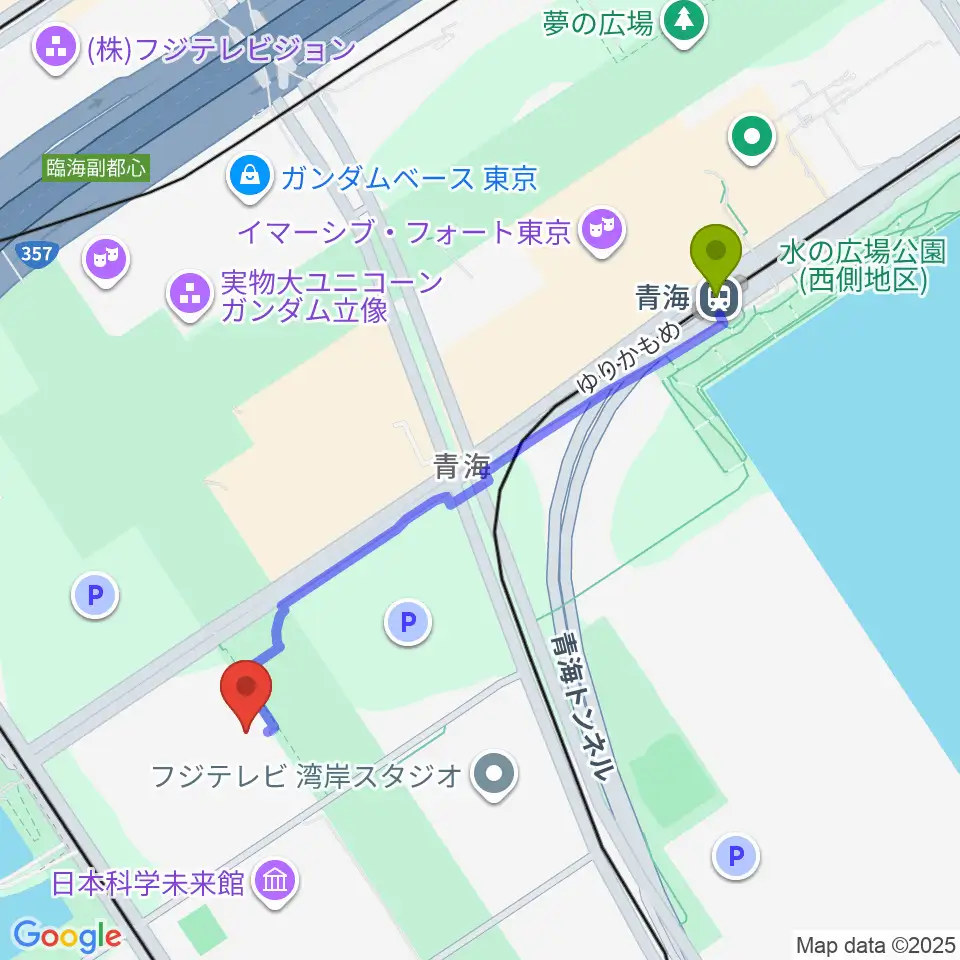 青海駅から東京国際交流館プラザ平成へのルートマップ地図