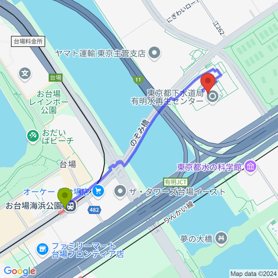 有明スポーツセンターの最寄駅お台場海浜公園駅からの徒歩ルート（約10分）地図