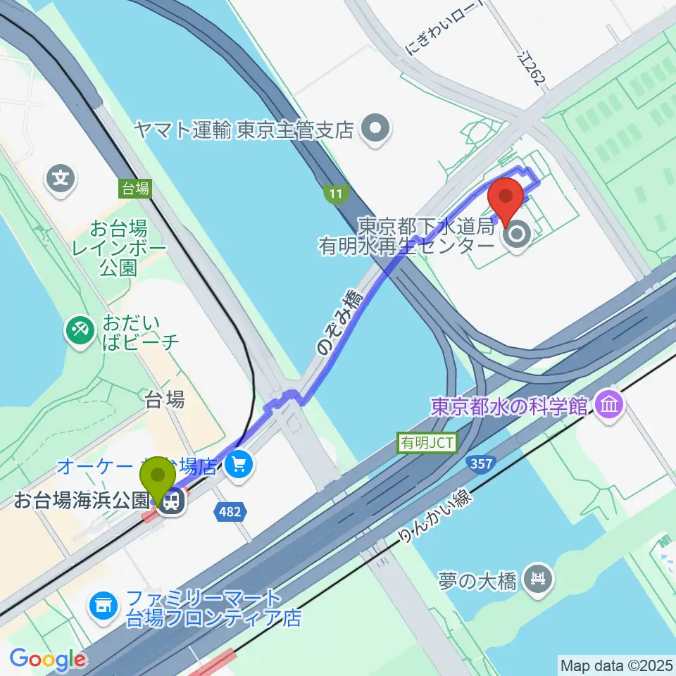 有明スポーツセンターの最寄駅お台場海浜公園駅からの徒歩ルート（約10分）地図