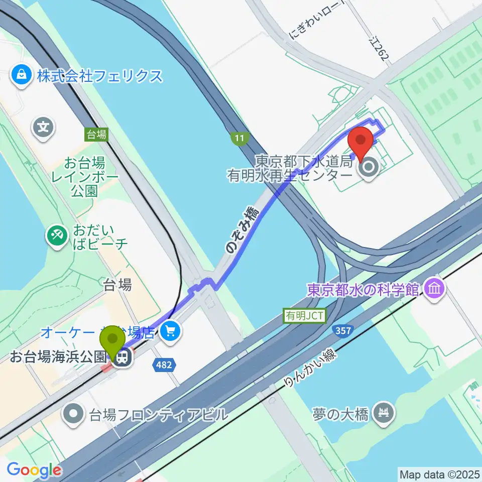 有明スポーツセンターの最寄駅お台場海浜公園駅からの徒歩ルート（約10分）地図