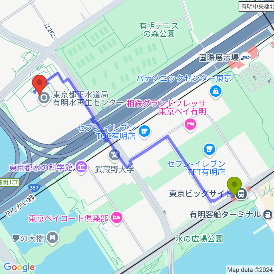 東京ビッグサイト駅から有明スポーツセンターへのルートマップ地図