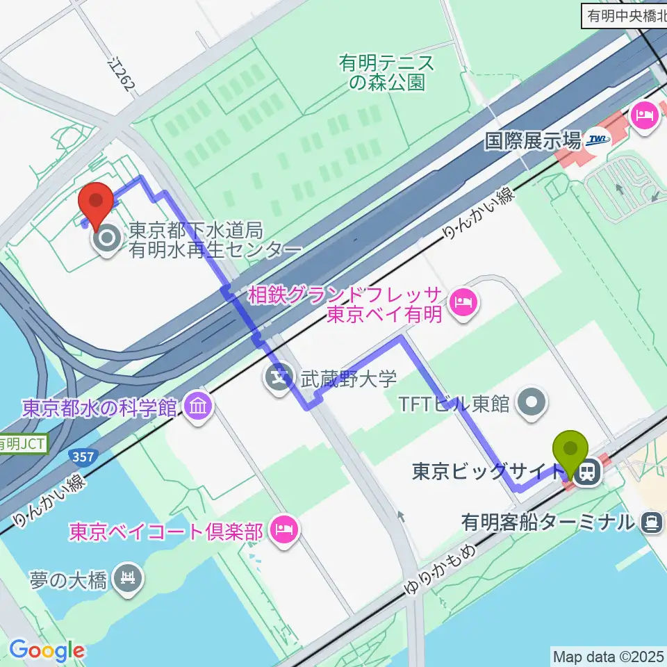 東京ビッグサイト駅から有明スポーツセンターへのルートマップ地図