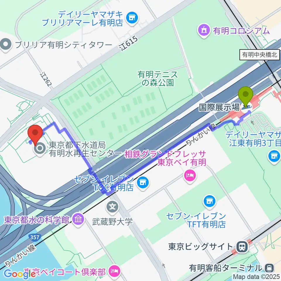 国際展示場駅から有明スポーツセンターへのルートマップ地図