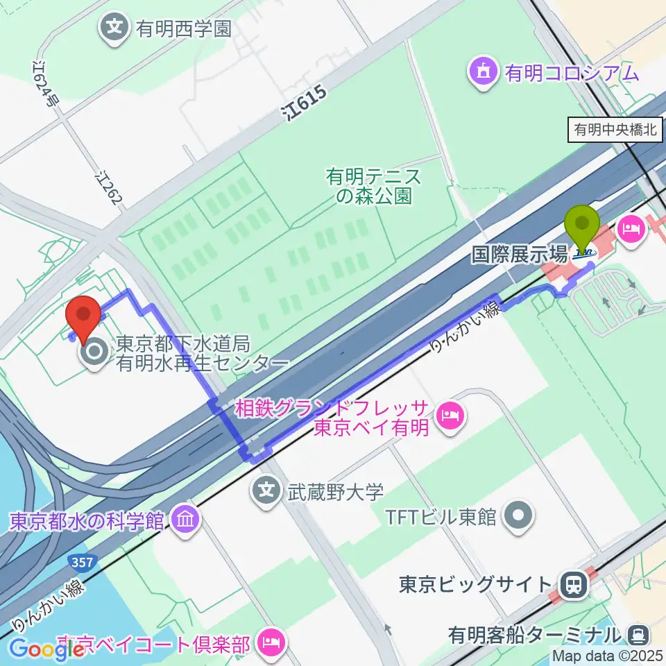 国際展示場駅から有明スポーツセンターへのルートマップ地図