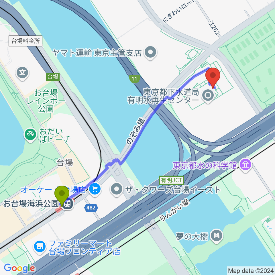 東京都虹の下水道館の最寄駅お台場海浜公園駅からの徒歩ルート（約11分）地図