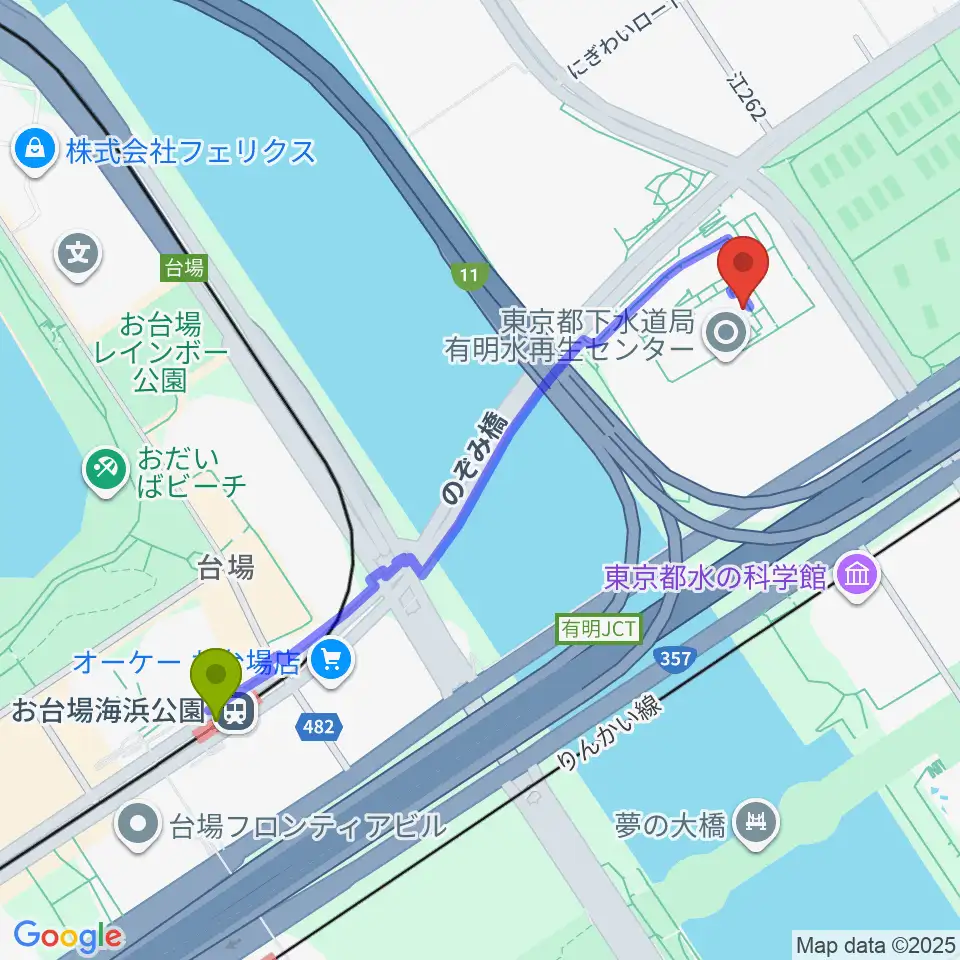 東京都虹の下水道館の最寄駅お台場海浜公園駅からの徒歩ルート（約11分）地図