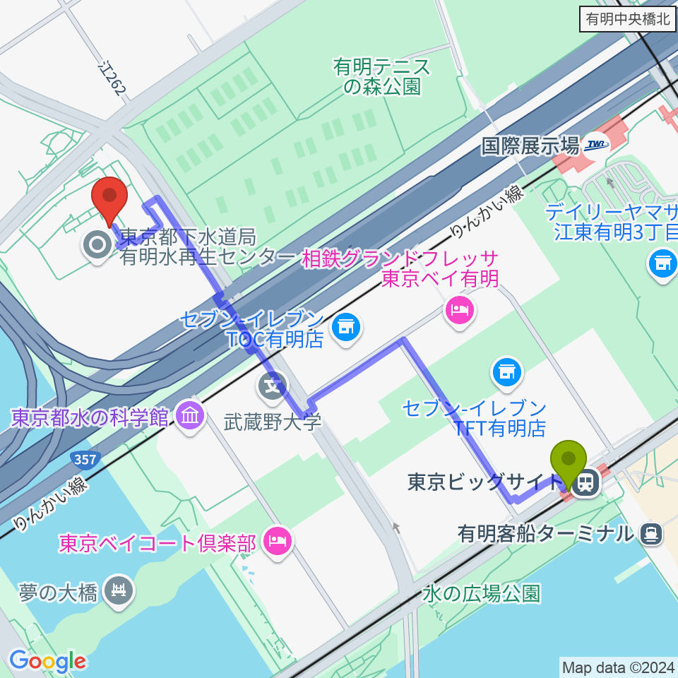 東京ビッグサイト駅から東京都虹の下水道館へのルートマップ地図