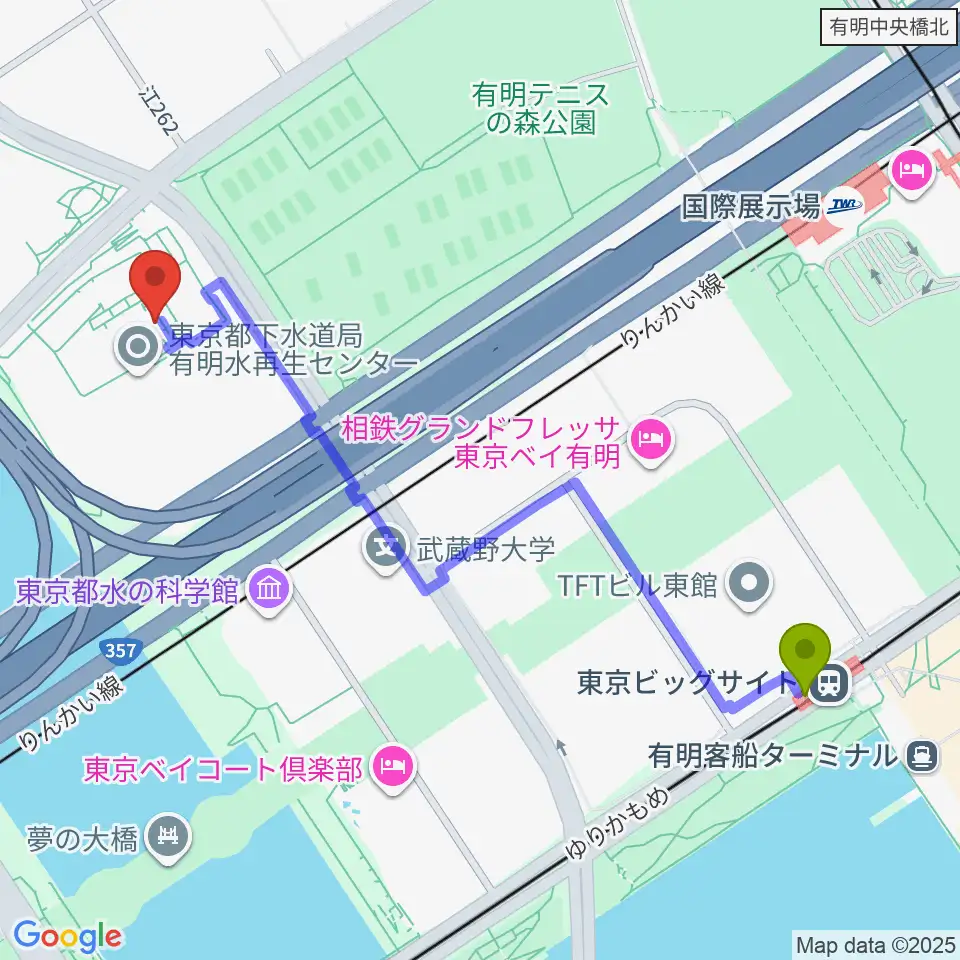 東京ビッグサイト駅から東京都虹の下水道館へのルートマップ地図