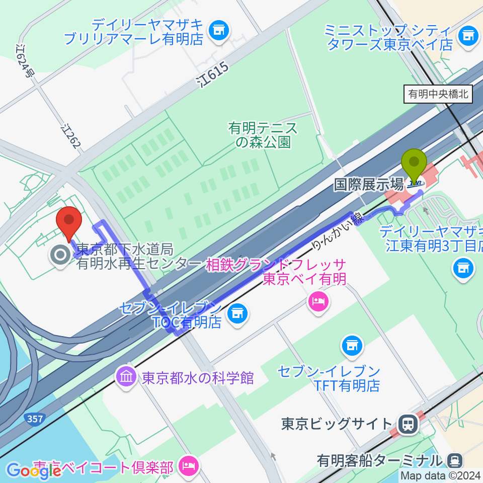 国際展示場駅から東京都虹の下水道館へのルートマップ地図