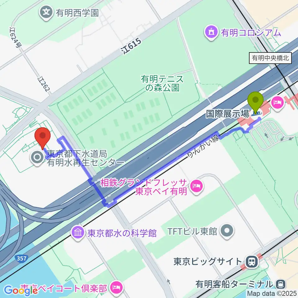 国際展示場駅から東京都虹の下水道館へのルートマップ地図