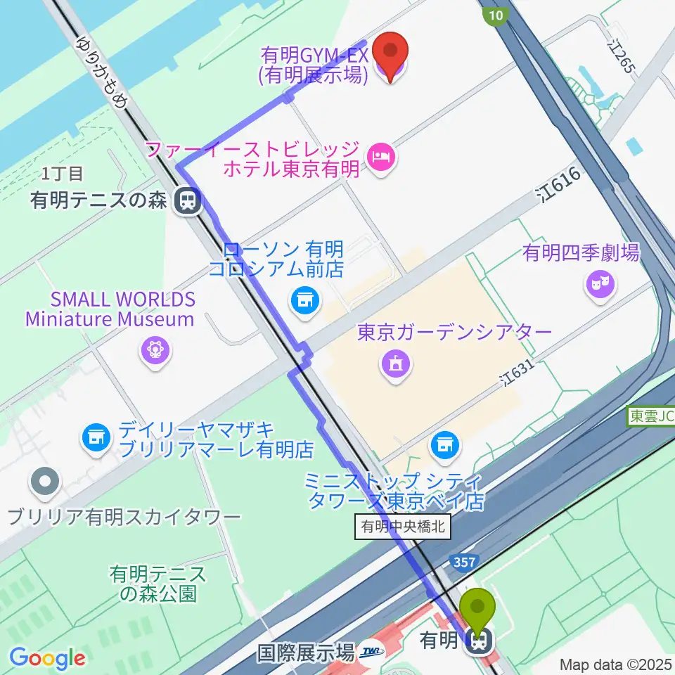 有明駅から有明GYM-EXへのルートマップ地図