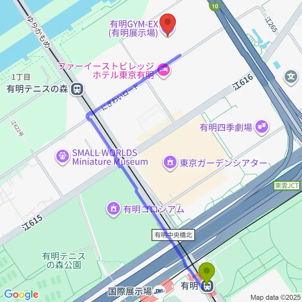 有明駅から有明GYM-EXへのルートマップ地図