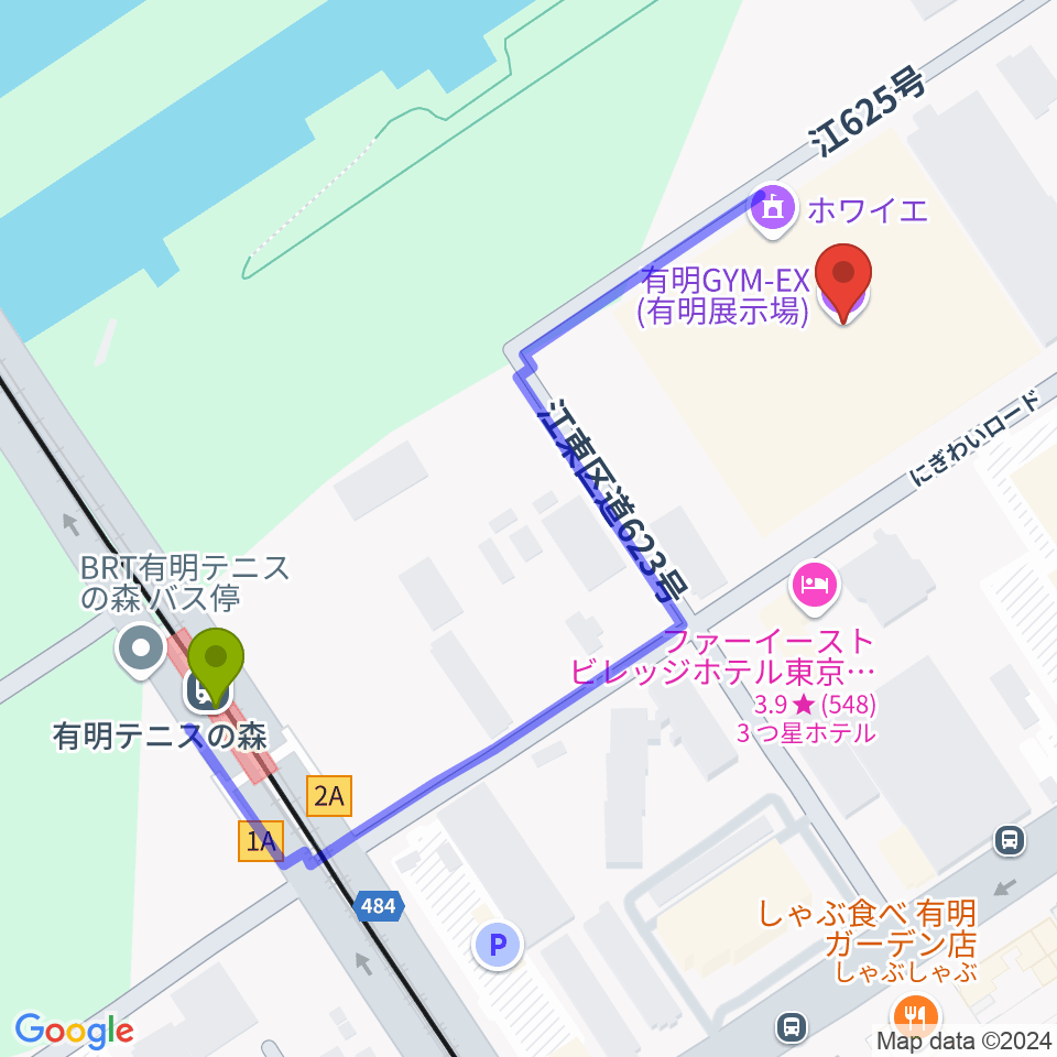 有明GYM-EXの最寄駅有明テニスの森駅からの徒歩ルート（約5分）地図