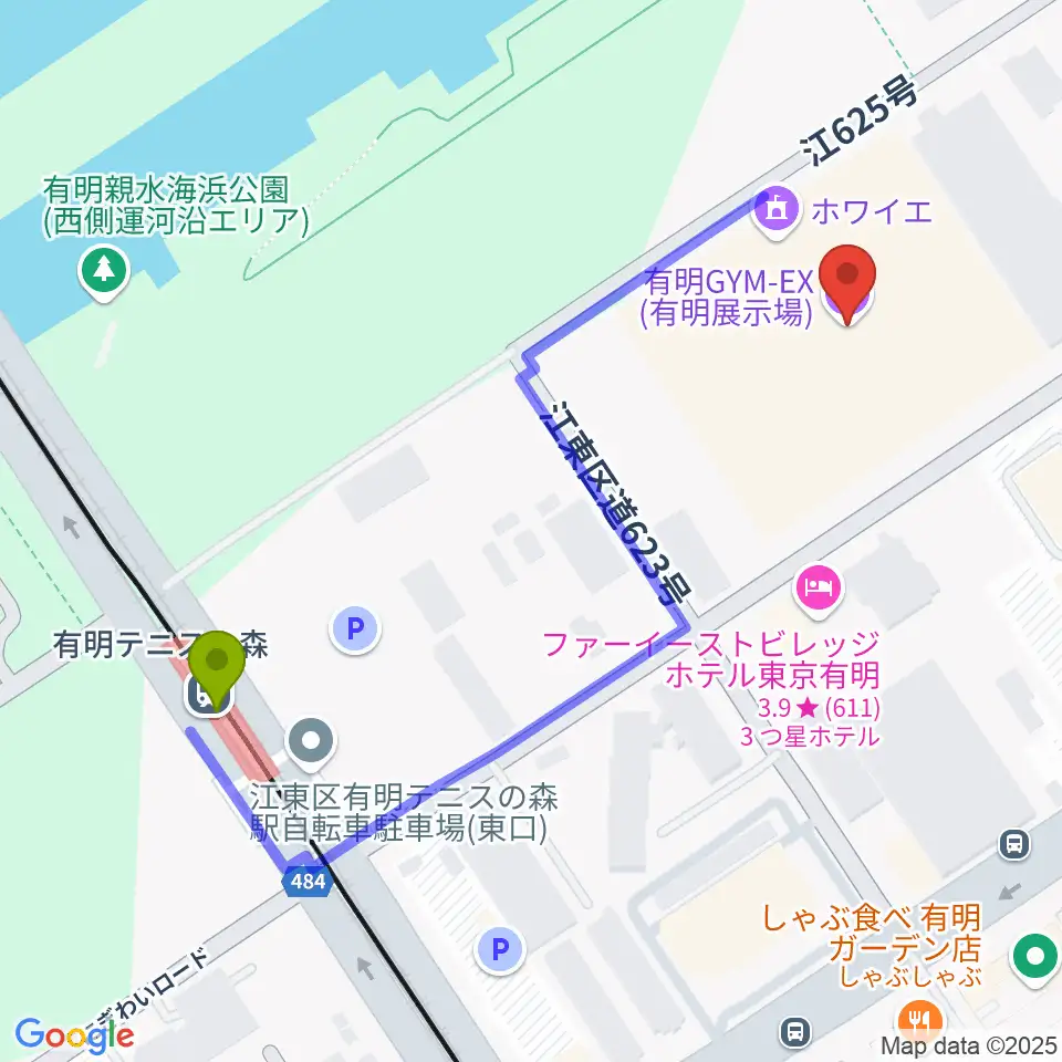 有明GYM-EXの最寄駅有明テニスの森駅からの徒歩ルート（約5分）地図