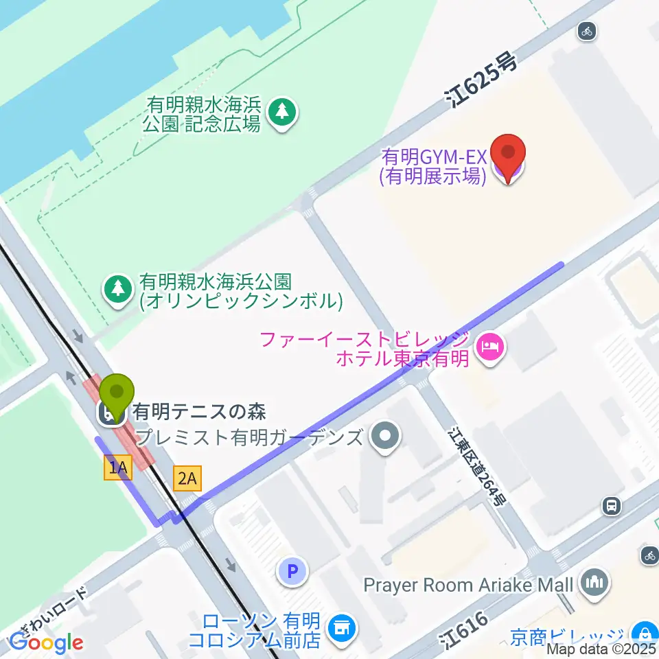 有明GYM-EXの最寄駅有明テニスの森駅からの徒歩ルート（約5分）地図