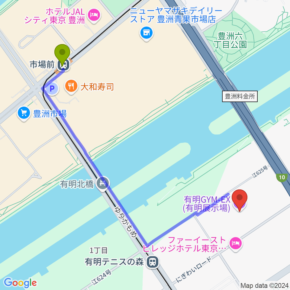 市場前駅から有明GYM-EXへのルートマップ地図