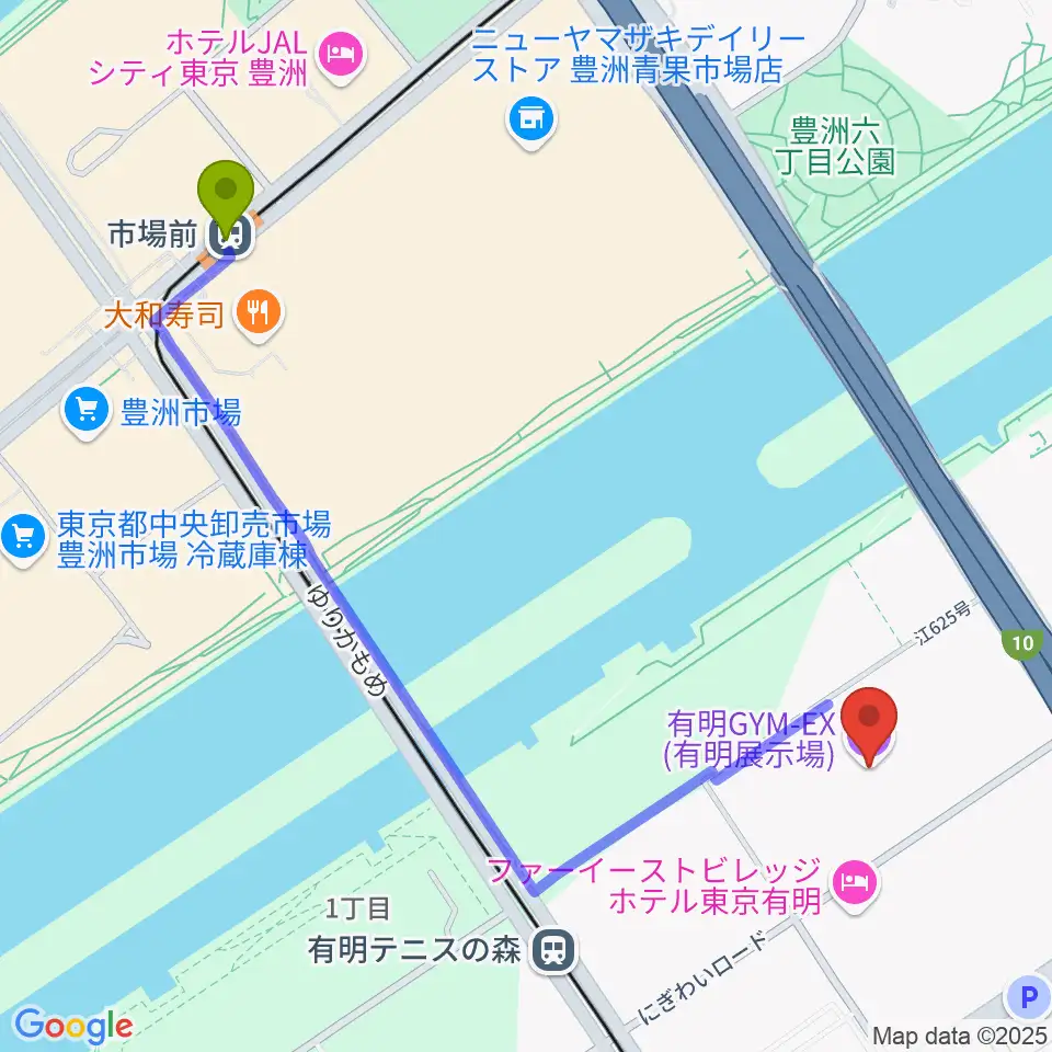 市場前駅から有明GYM-EXへのルートマップ地図