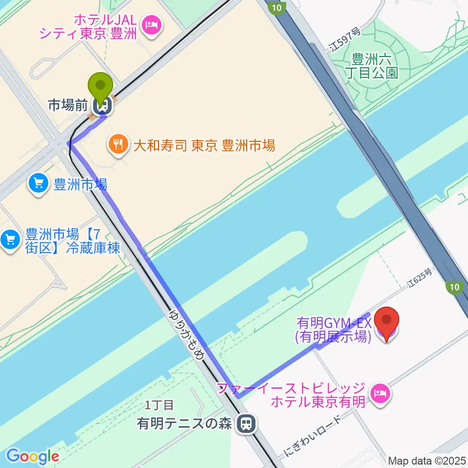 市場前駅から有明GYM-EXへのルートマップ地図