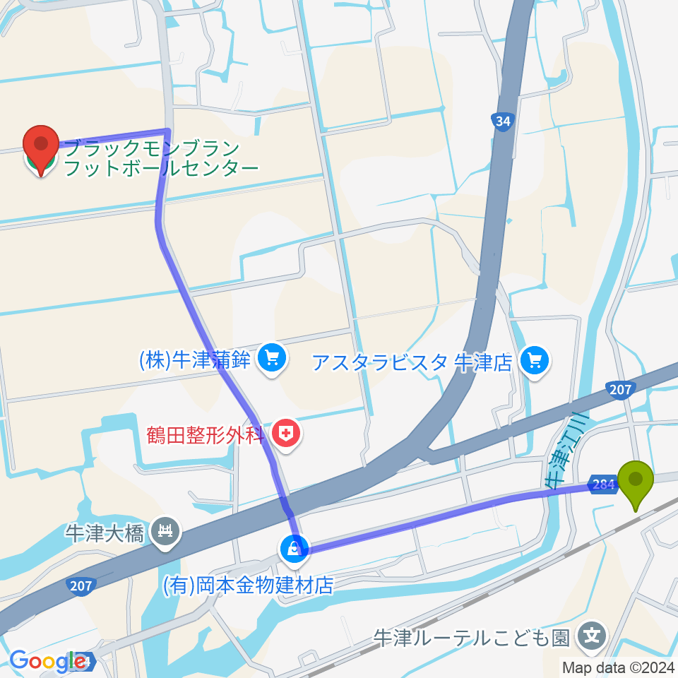 ブラックモンブランフットボールセンターの最寄駅牛津駅からの徒歩ルート（約16分）地図