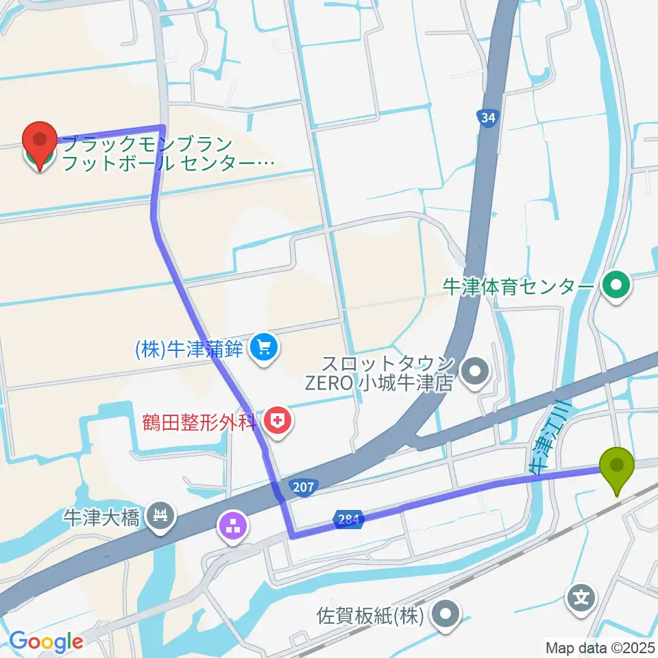 ブラックモンブランフットボールセンターの最寄駅牛津駅からの徒歩ルート（約16分）地図
