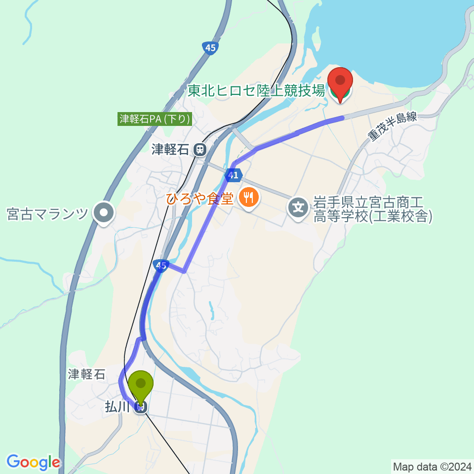 払川駅から東北ヒロセ陸上競技場へのルートマップ地図