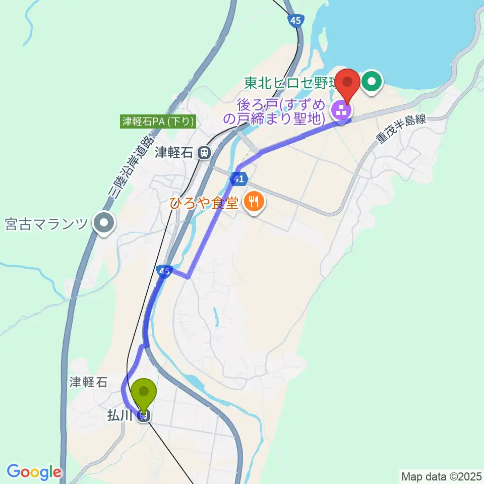 払川駅から東北ヒロセ陸上競技場へのルートマップ地図