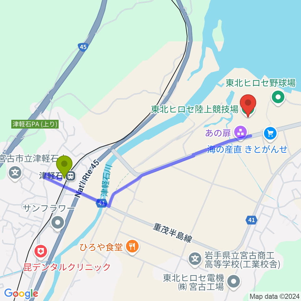 東北ヒロセ陸上競技場の最寄駅津軽石駅からの徒歩ルート（約19分）地図