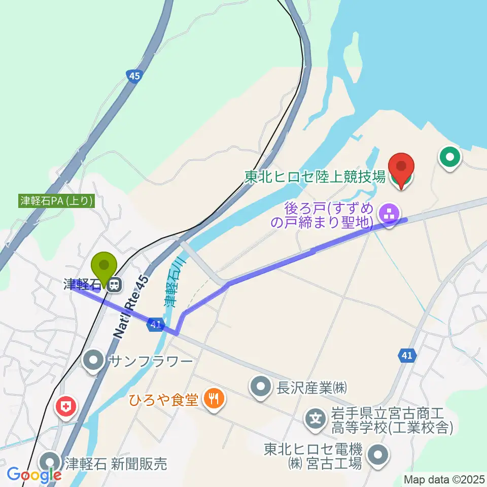 東北ヒロセ陸上競技場の最寄駅津軽石駅からの徒歩ルート（約19分）地図