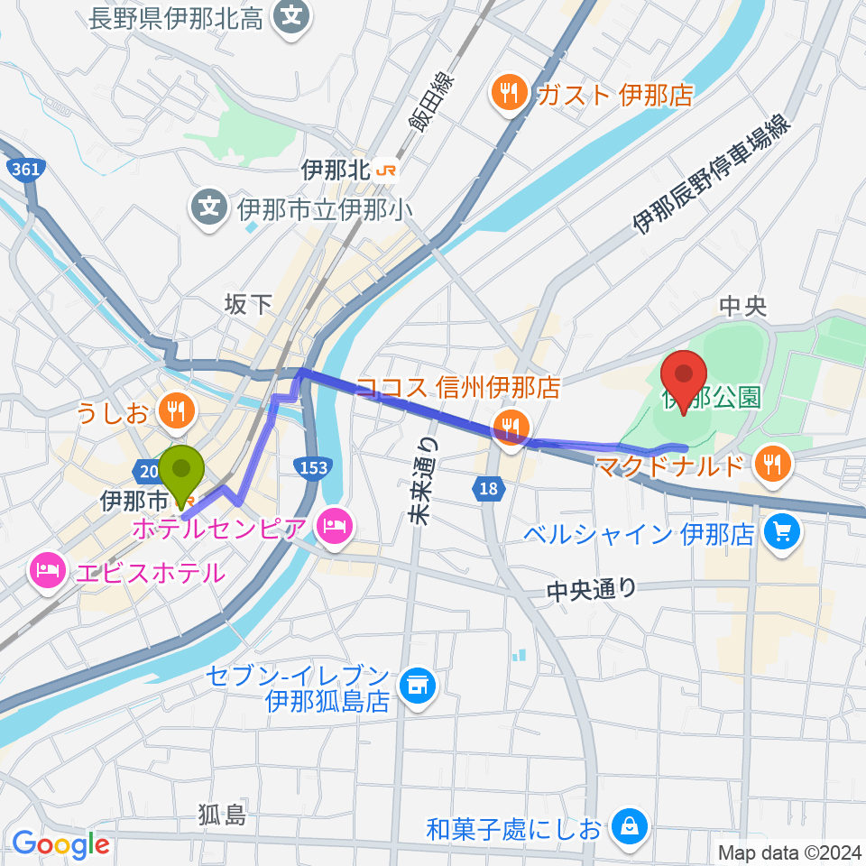 伊那市駅から伊那ニッパツ野球場へのルートマップ地図