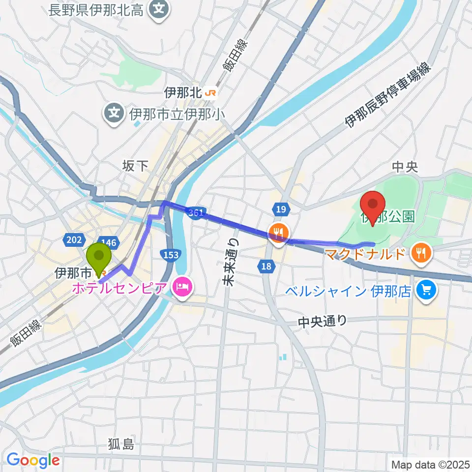 伊那市駅から伊那ニッパツ野球場へのルートマップ地図