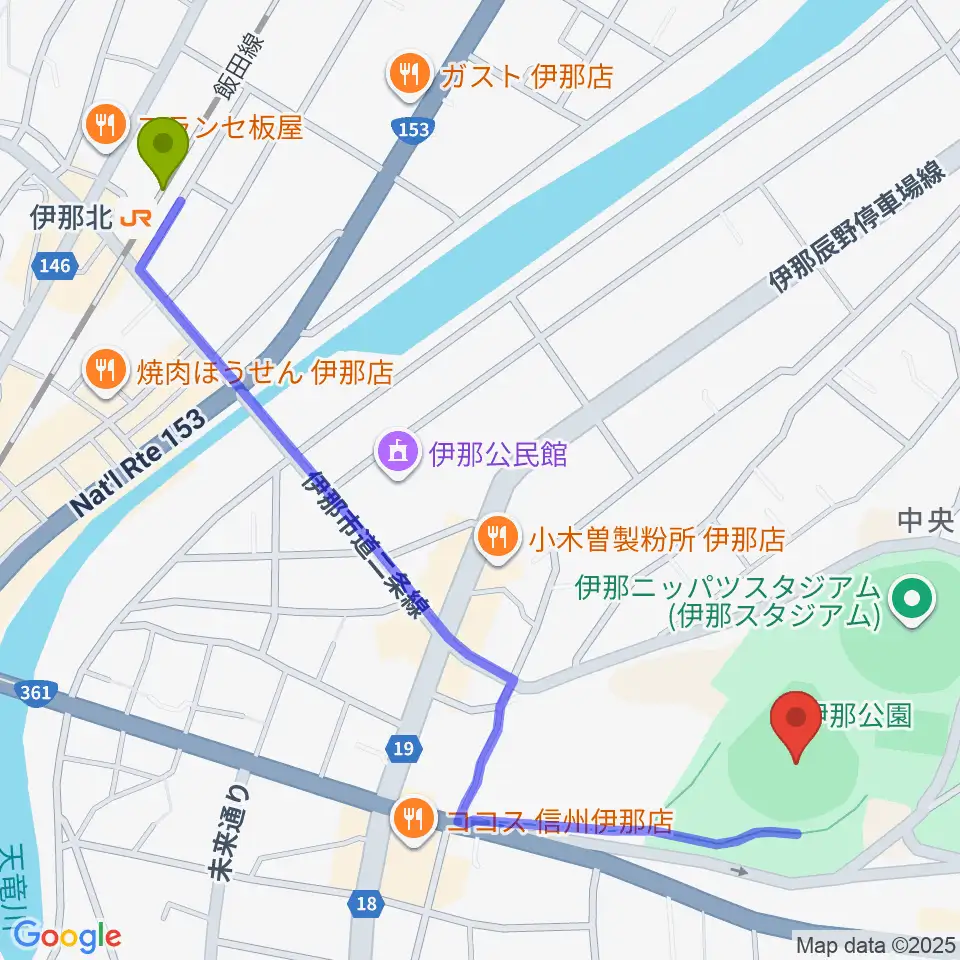 伊那ニッパツ野球場の最寄駅伊那北駅からの徒歩ルート（約14分）地図