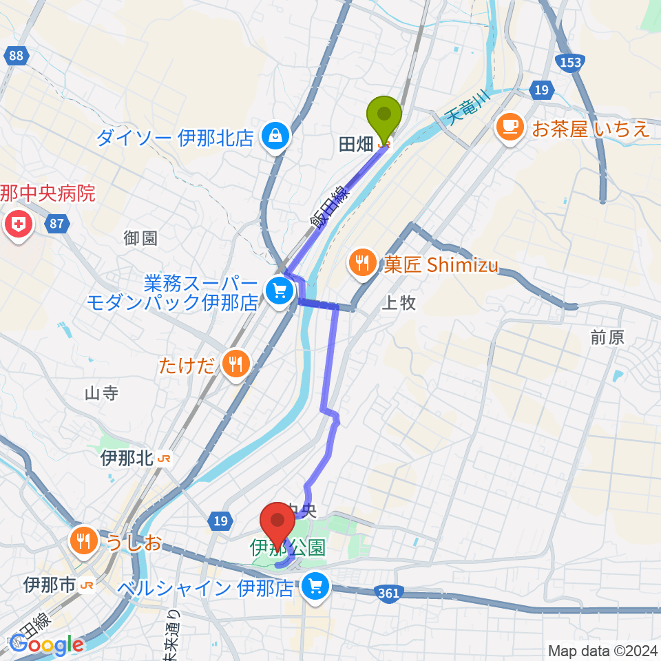 田畑駅から伊那ニッパツ野球場へのルートマップ地図