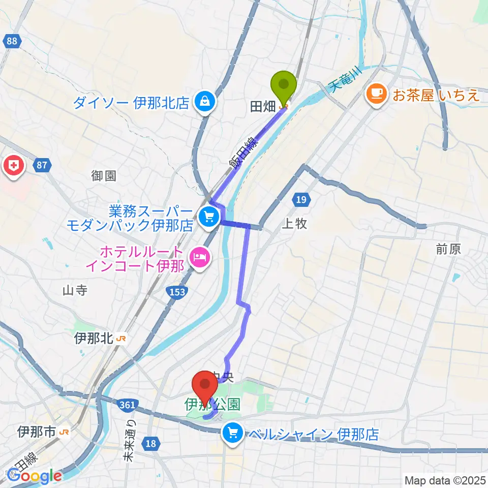 田畑駅から伊那ニッパツ野球場へのルートマップ地図