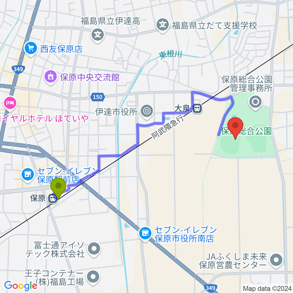 保原駅からエフコム大泉球場へのルートマップ地図