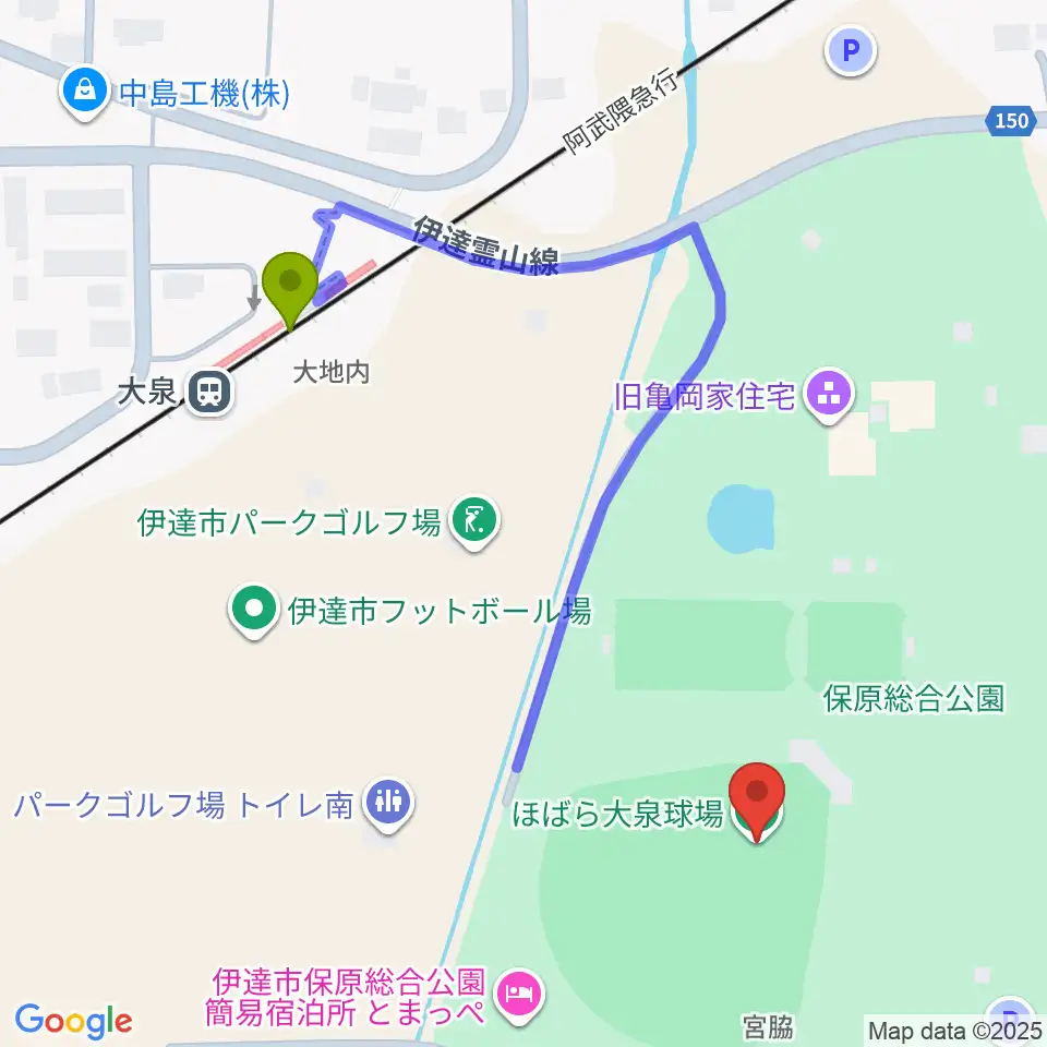 エフコム大泉球場の最寄駅大泉駅からの徒歩ルート（約5分）地図